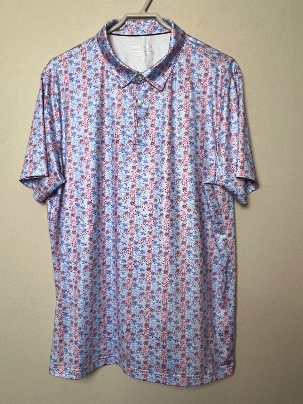 PPolaflon USA Fireworks Print Performance Polo Shirt Large Stretch Golf July 4th
